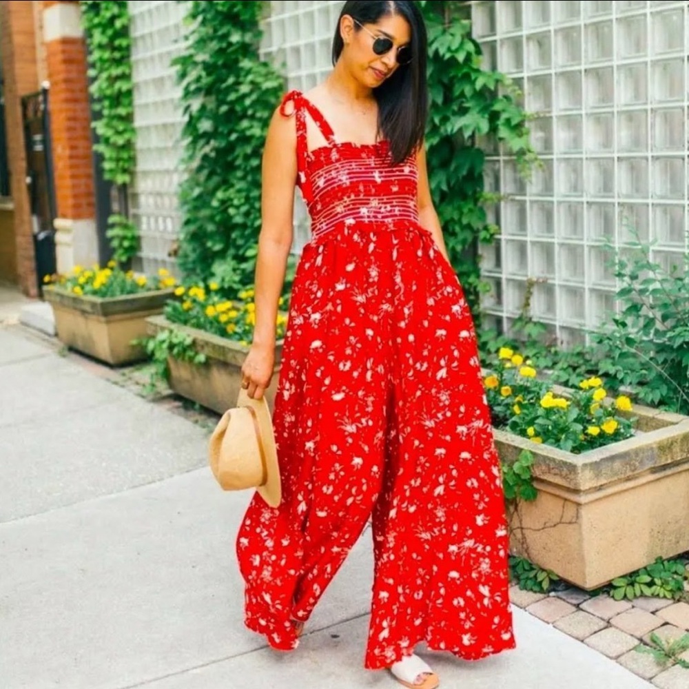 Free People Red Jumpsuit with Wide-Leg and Sweetheart Neckline